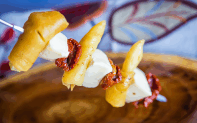 Bruschettas de melocotón en almíbar y queso de cabra