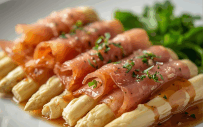 Espárragos Gómez Aguirre al horno con jamón ibérico y huevo de codorniz